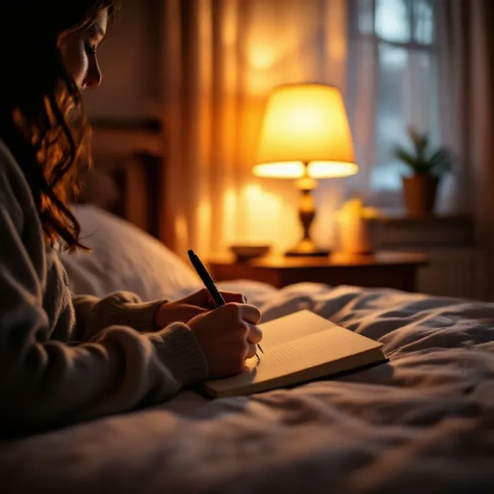 A person sitting in a warm lamp-lit bedroom writing their evening journal review
