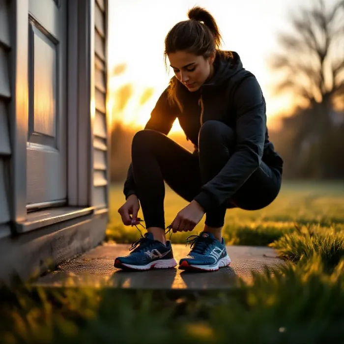 A person lacing up their running shoes on a front doorstep at early morning