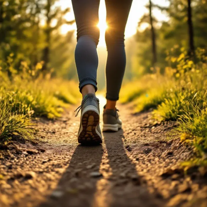 A person taking their first confident step onto a hiking trail in morning light
