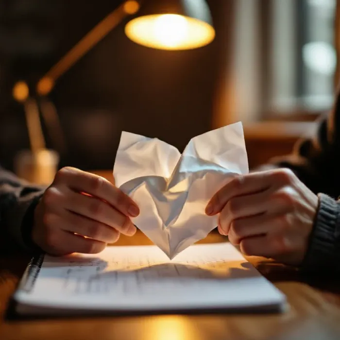 A person’s hands holding a crumpled then slowly unfolded piece of paper on a …