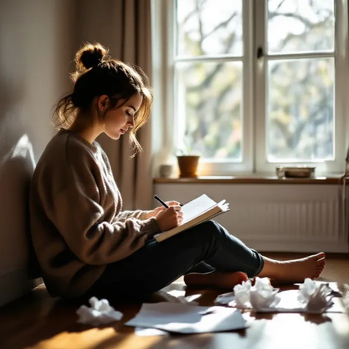 A person sitting on the floor of a bright room reviewing notes and writing in…