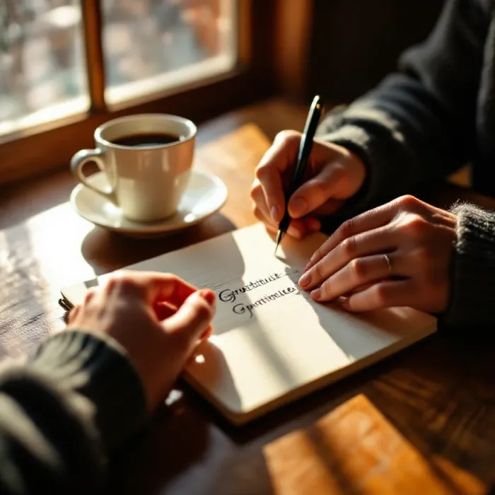 A person writing three gratitude points in a small notebook at a morning brea…