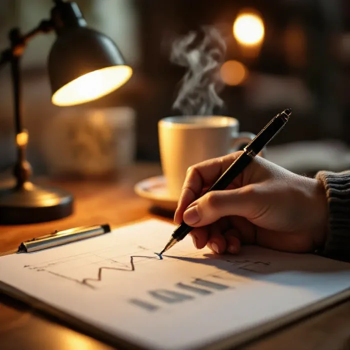 A hand drawing an upward progress line on a graph in a journal with a simple pen