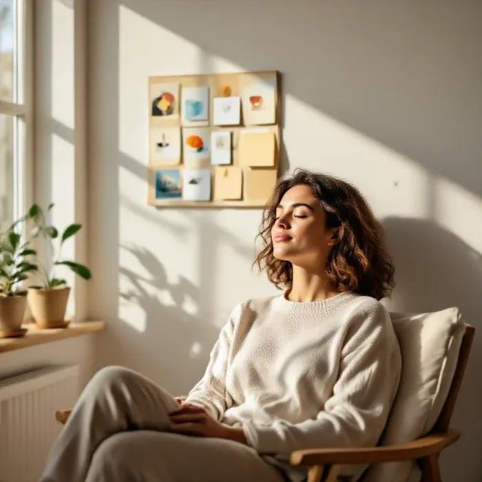 A person sitting in a calm sunlit room with eyes closed in relaxed visualization