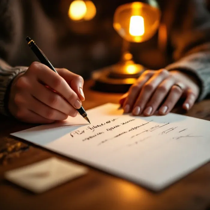 A person writing a handwritten message or card at a warm desk