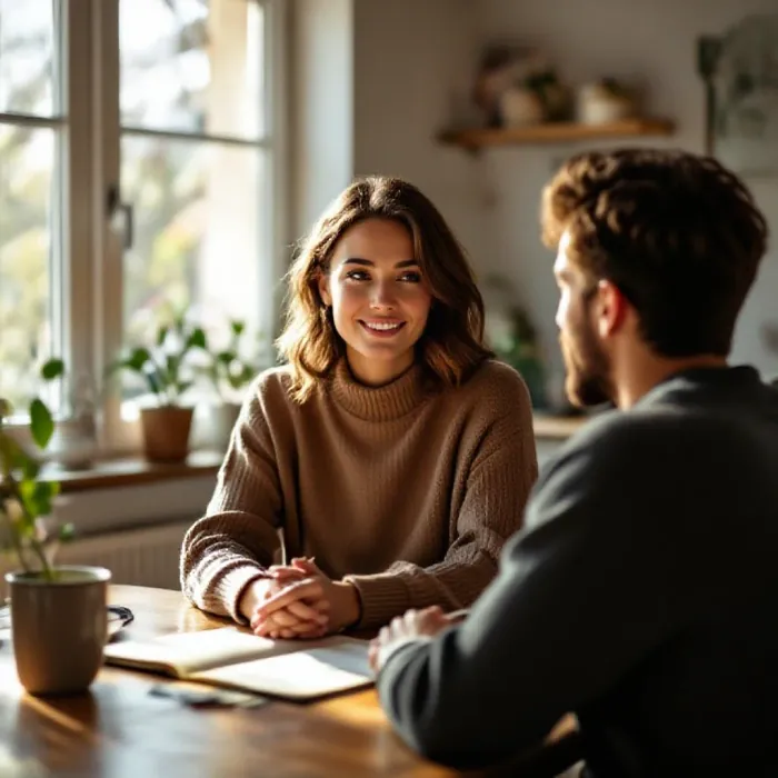 A person having a calm boundary-setting conversation in a home setting