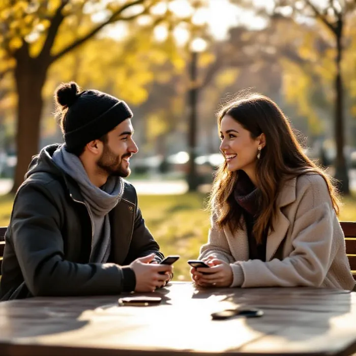 Two friends having a genuine focused conversation at a park