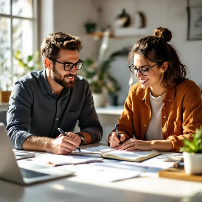 Two colleagues working side-by-side at a shared project on a bright desk