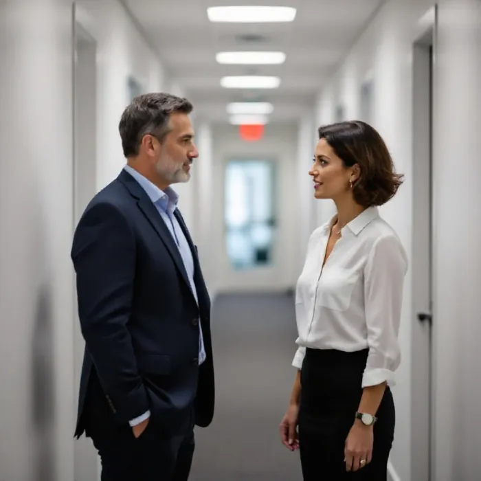 Two colleagues in a private hallway having a calm and mature conflict resolut…