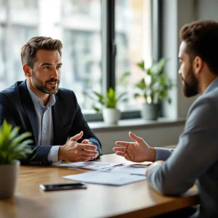 A manager and team member in a one-on-one at a small office table