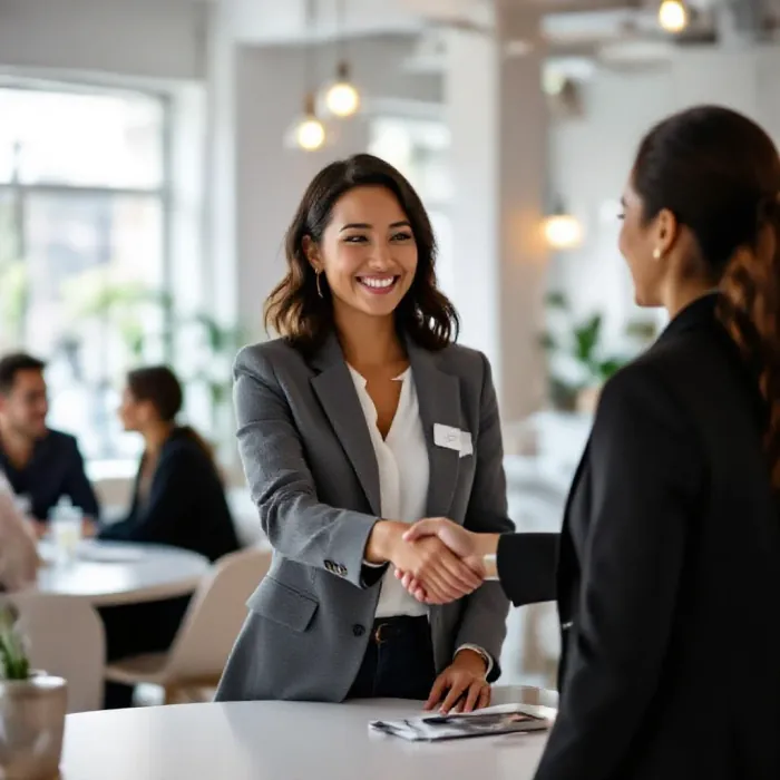 A person approaching a professional at a casual networking event and introduc…