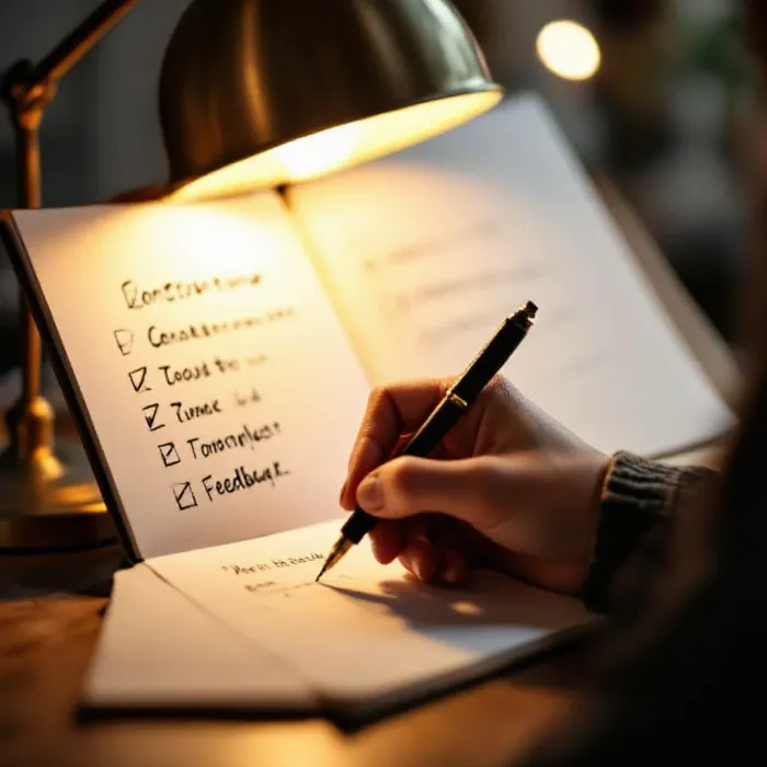 A person writing constructive feedback in a notebook using the DESC framework…