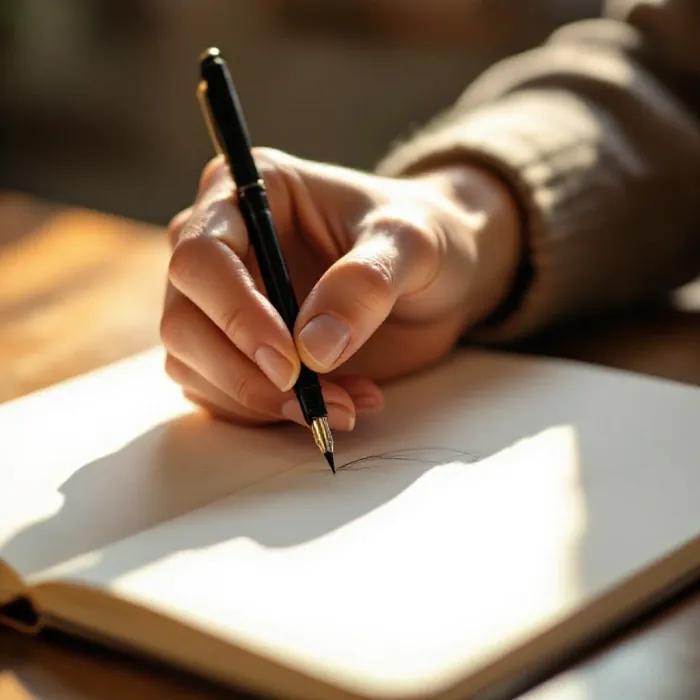 A person’s hand making confident fluid strokes in a sketchbook or notebook