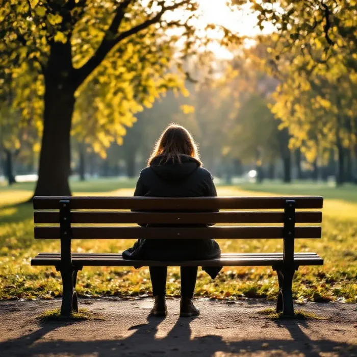 A person sitting alone on a park bench with a notebook