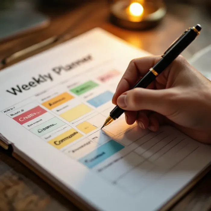 A weekly planner page with tasks grouped visually into color-coded blocks by …