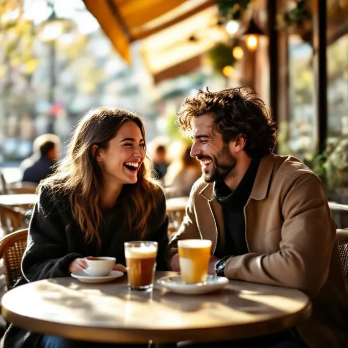 Two people sharing a spontaneous warm laughter together at a sunny outdoor ca…
