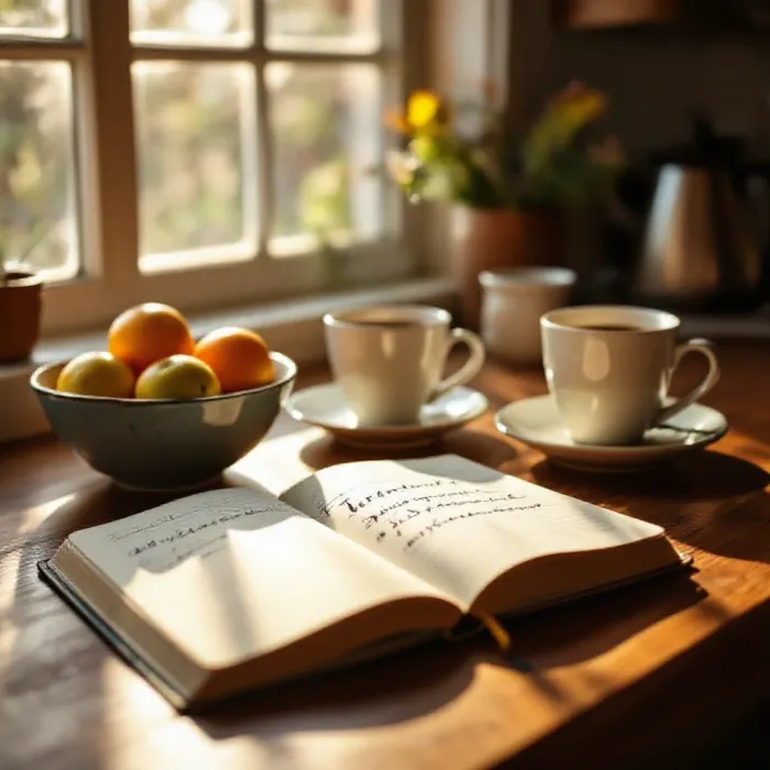 A fresh morning scene: an open gratitude journal on a breakfast table beside …