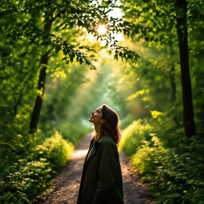 A person walking slowly through a quiet forest path