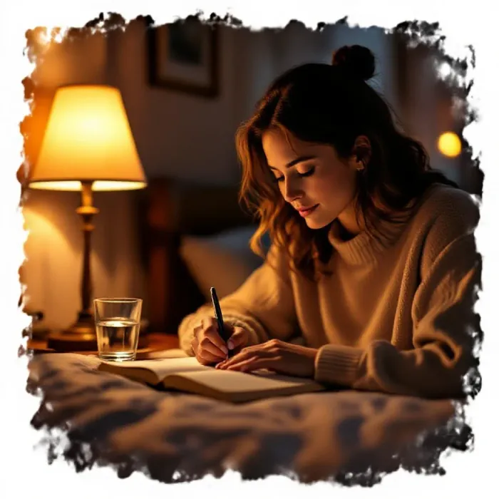 A person at their bedside table in the soft warm light of a small lamp