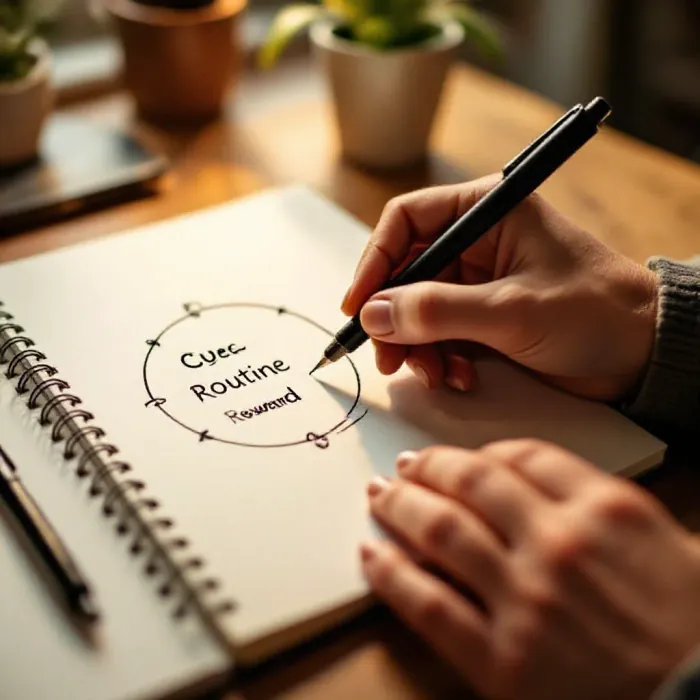 Hands creating a circular diagram in a notebook showing a habit loop: cue