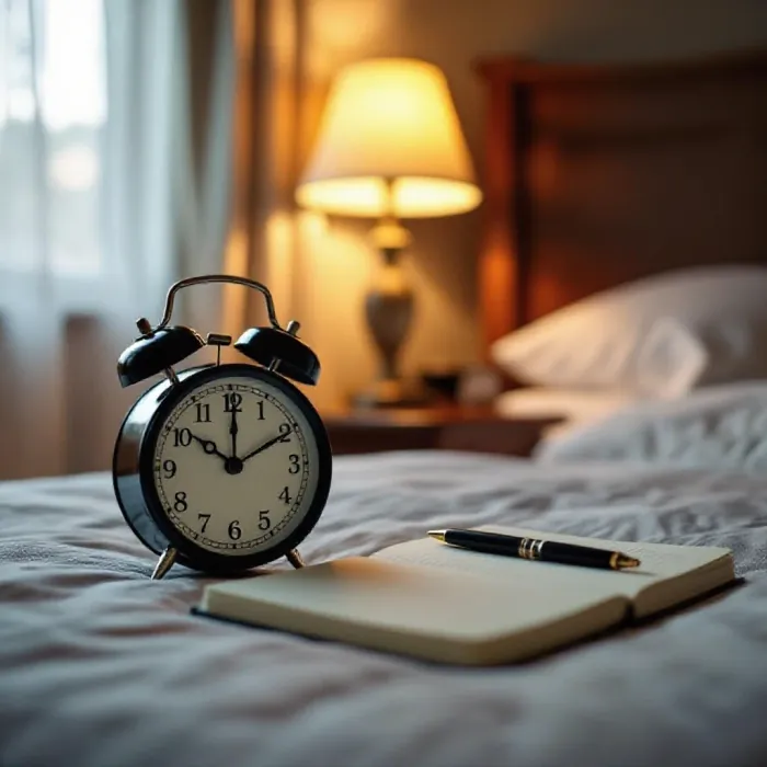 A small alarm clock on a bedside table set for an early wake time