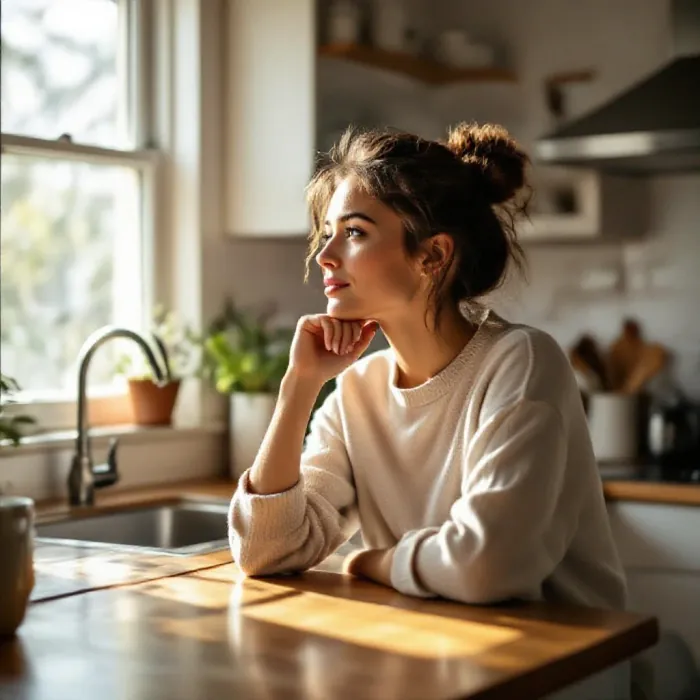 A person pausing thoughtfully mid-action in a bright room