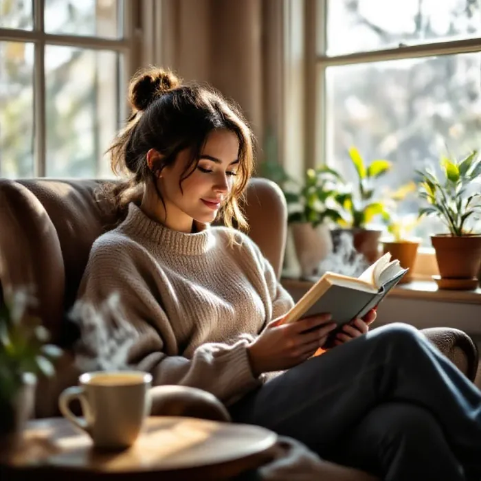 A person trading their usual phone scrolling for a book in a cozy armchair ne…