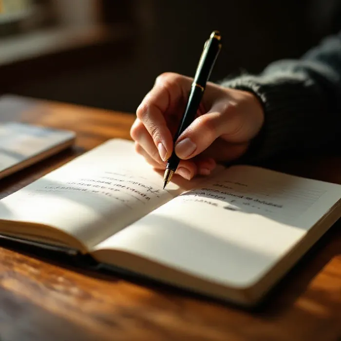 A person writing an emotion check-in in a journal, noting their current emot…