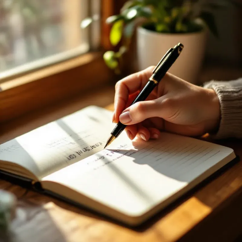 A person holding a pen above an open planner