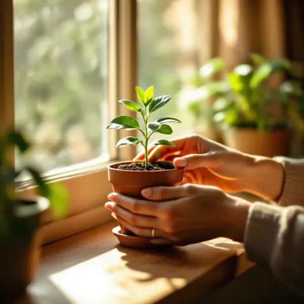 A person tending to a small potted green plant