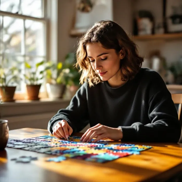 A person calmly assembling a complex puzzle on a bright living room table