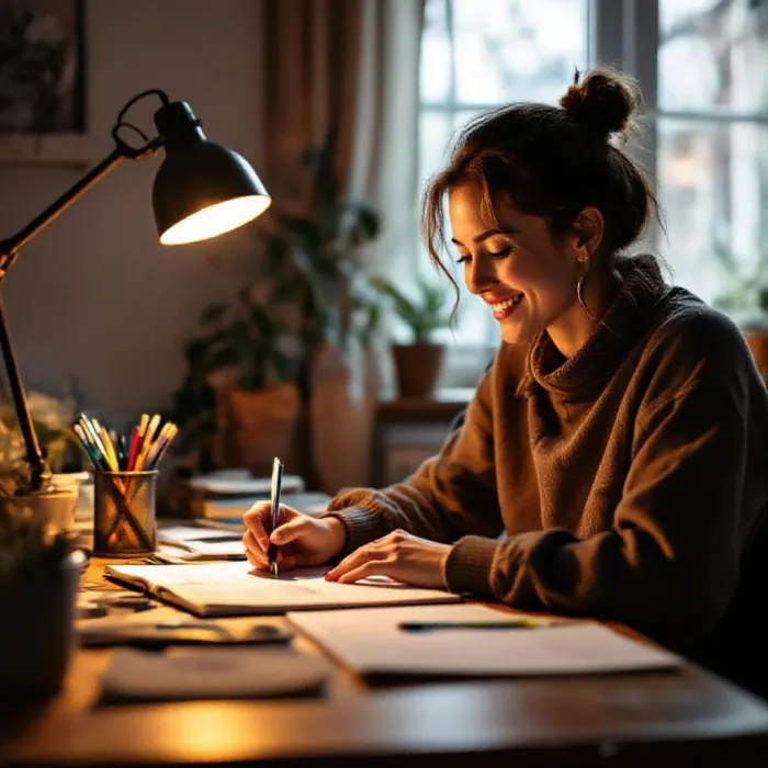 A person working on a personal creative project at their home desk late in th…