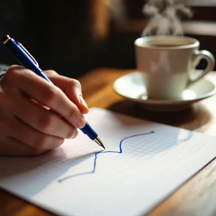A person drawing a simple upward arc on graph paper with a blue pen
