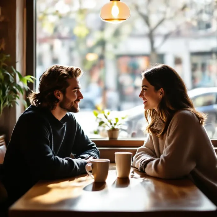 Two people in a harmonious mirrored posture during a positive conversation, …