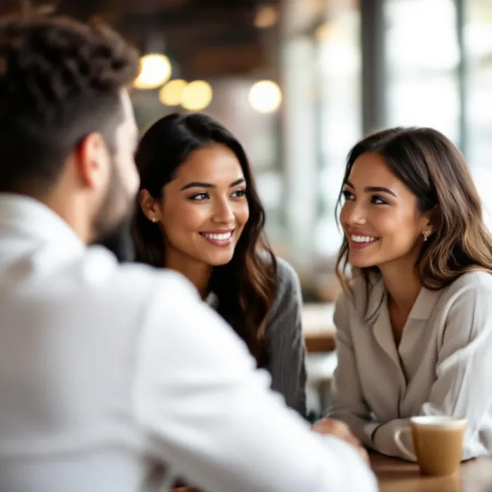Two people making warm direct eye contact during a conversation
