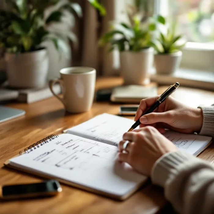 A person doing their weekly review, checking off items in a planner
