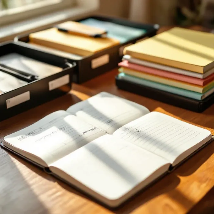 A neatly organized desk with labeled trays