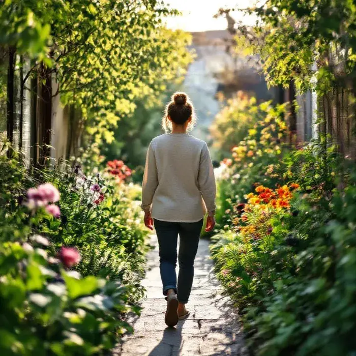 A person walking slowly and mindfully in a small urban garden during a work b…