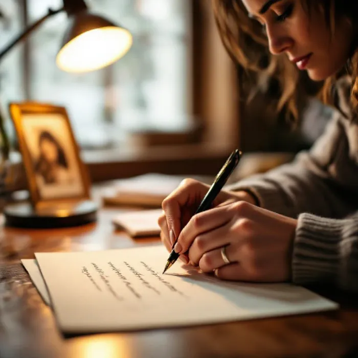 A person writing an authentic and vulnerable personal letter at a warm desk