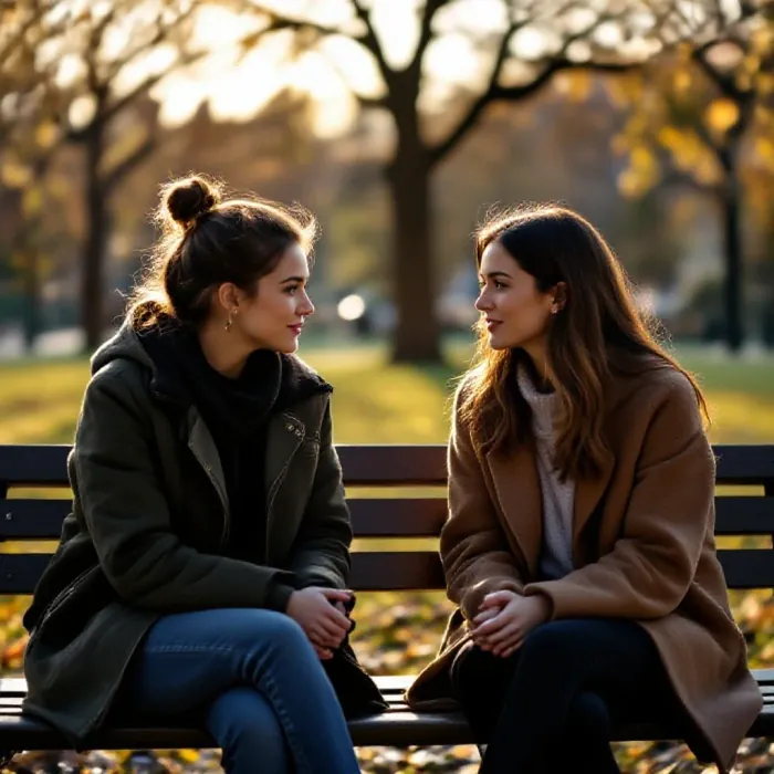 Two friends in a quiet vulnerable conversation on a bench