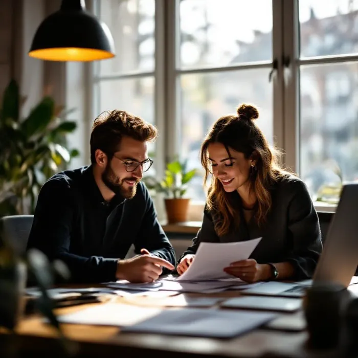 Two colleagues at a shared desk reviewing a project together
