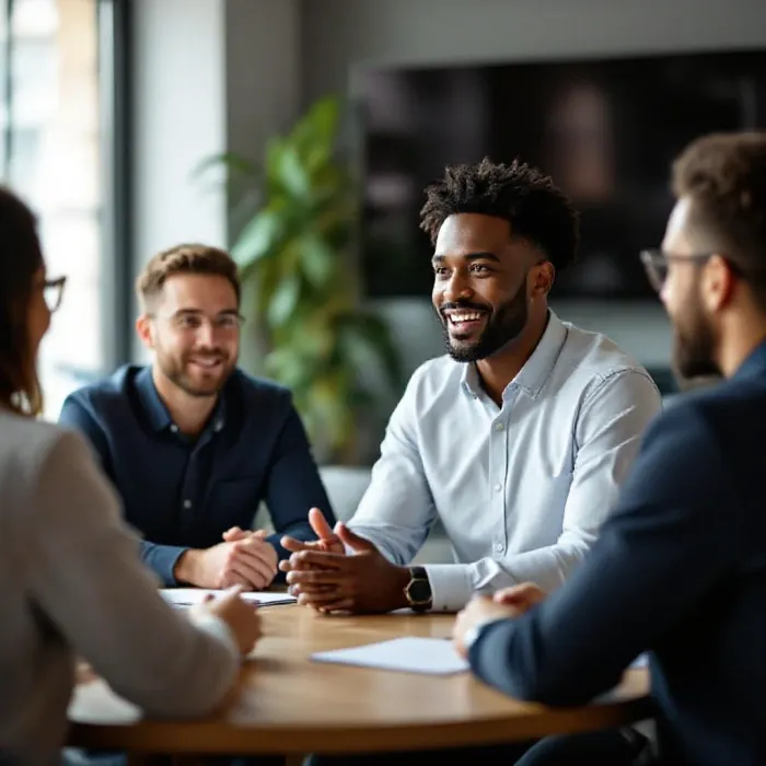 A team in a positive low-key meeting