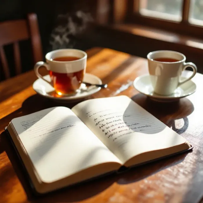A morning journal session: an open notebook on a wooden breakfast table with …