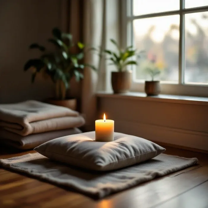 A small meditation corner in a home: a cushion on a wooden floor