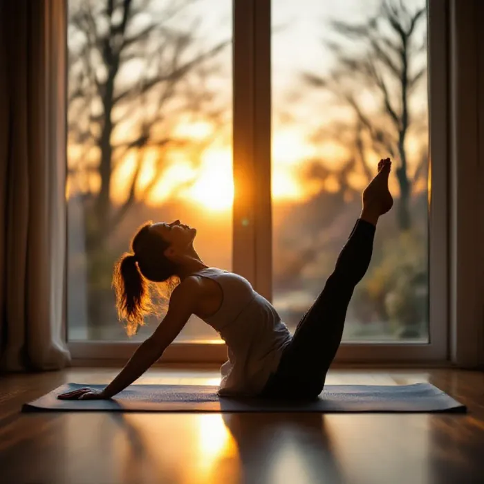 A person doing gentle morning yoga stretches on a mat by a large window