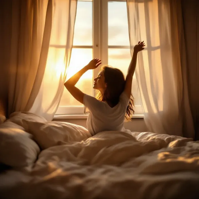 A person gently waking up and stretching in morning light in a bright bedroom