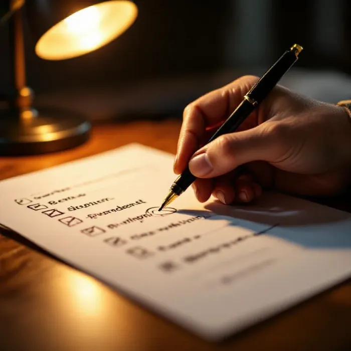 A hand crossing out redundant tasks from a long list and circling only three …